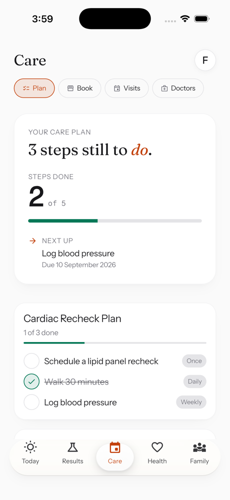 The care plan screen, with the actions for the week.