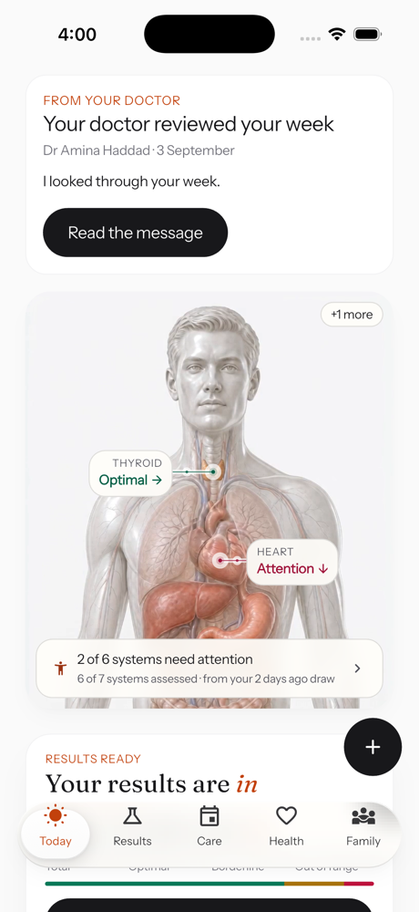 The digital twin screen, showing the seven body systems.