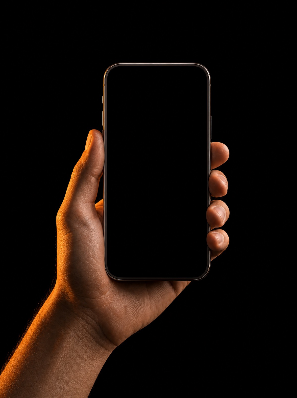 A hand holding a phone, lit from one side against a dark background.