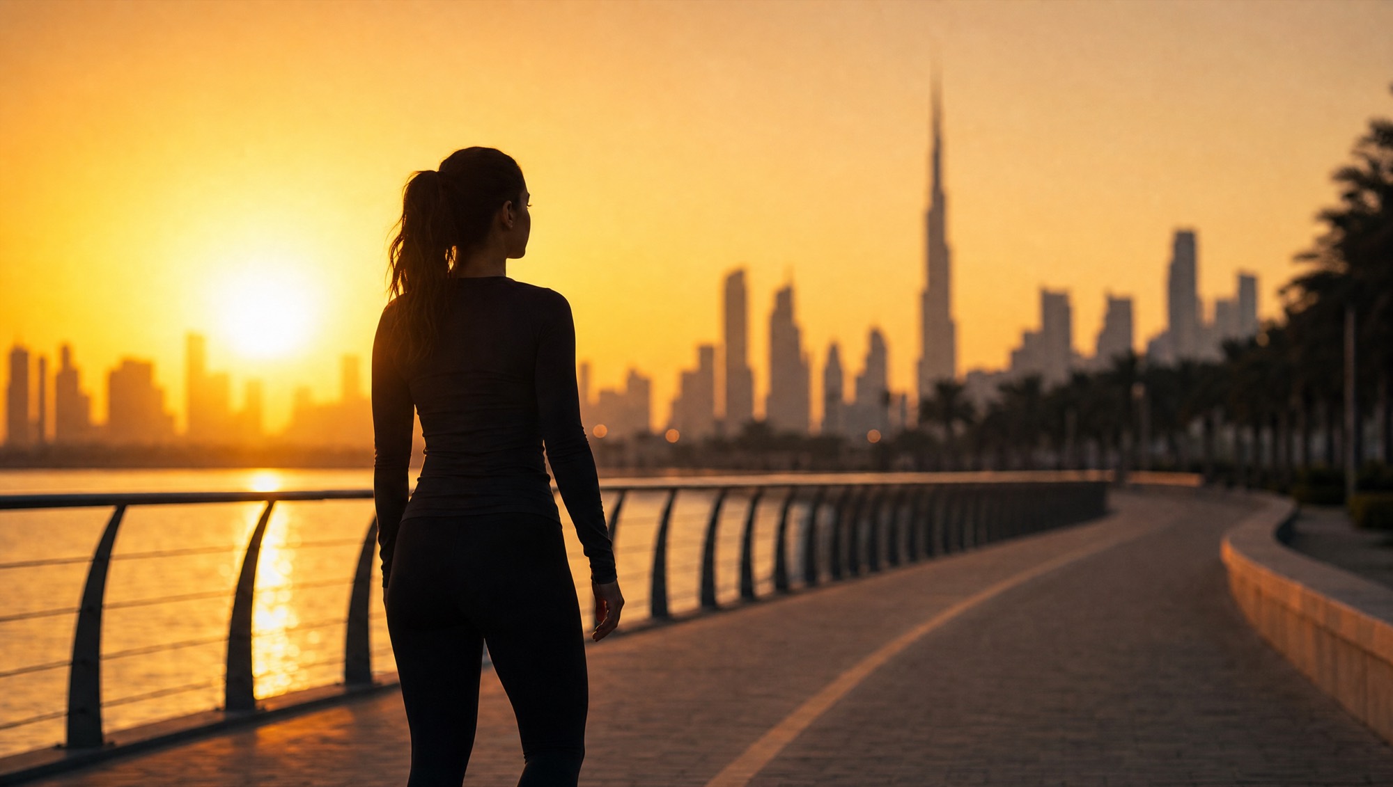 A runner at dawn on an empty waterfront promenade, back-lit by an orange sunrise.