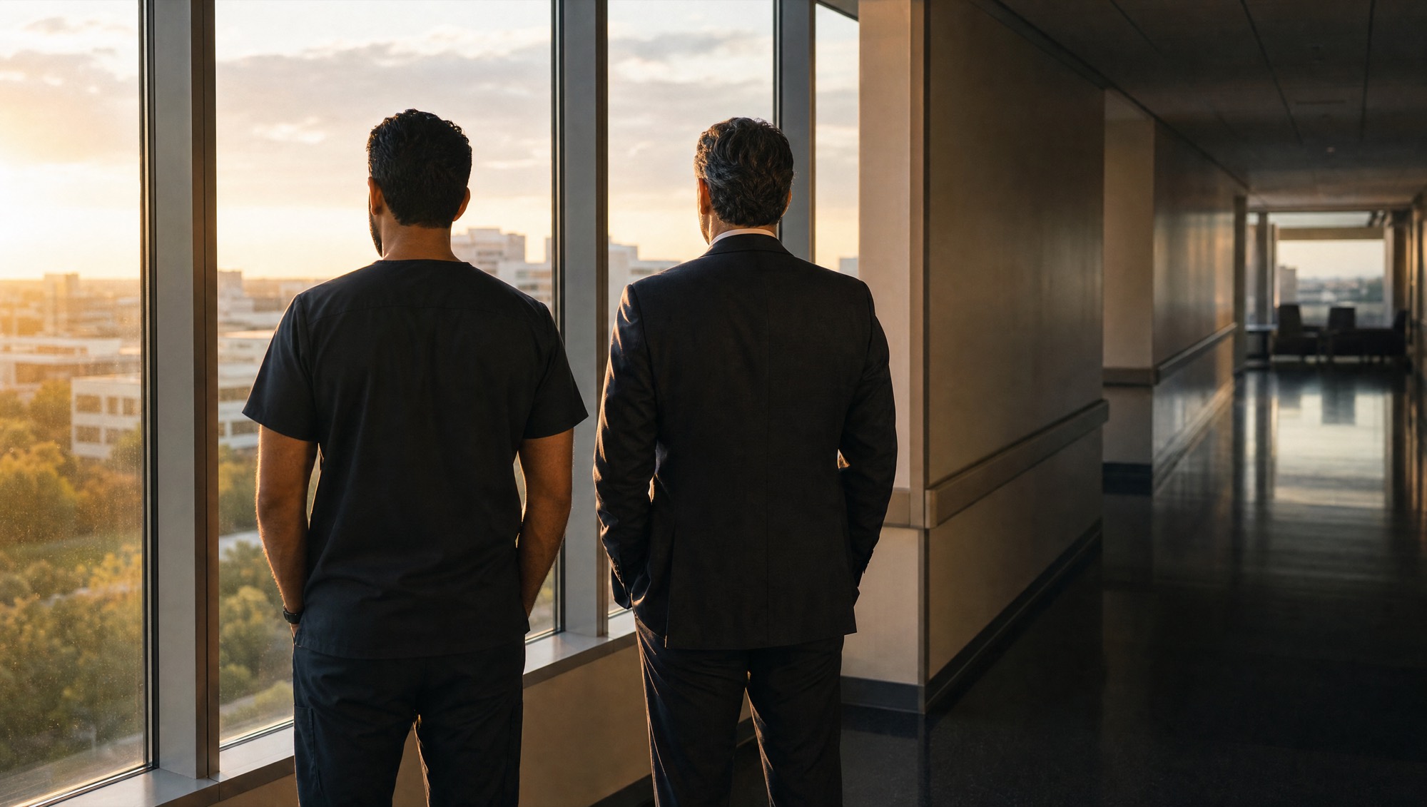 A clinician and an administrator seen from behind at a hospital window at sunset.