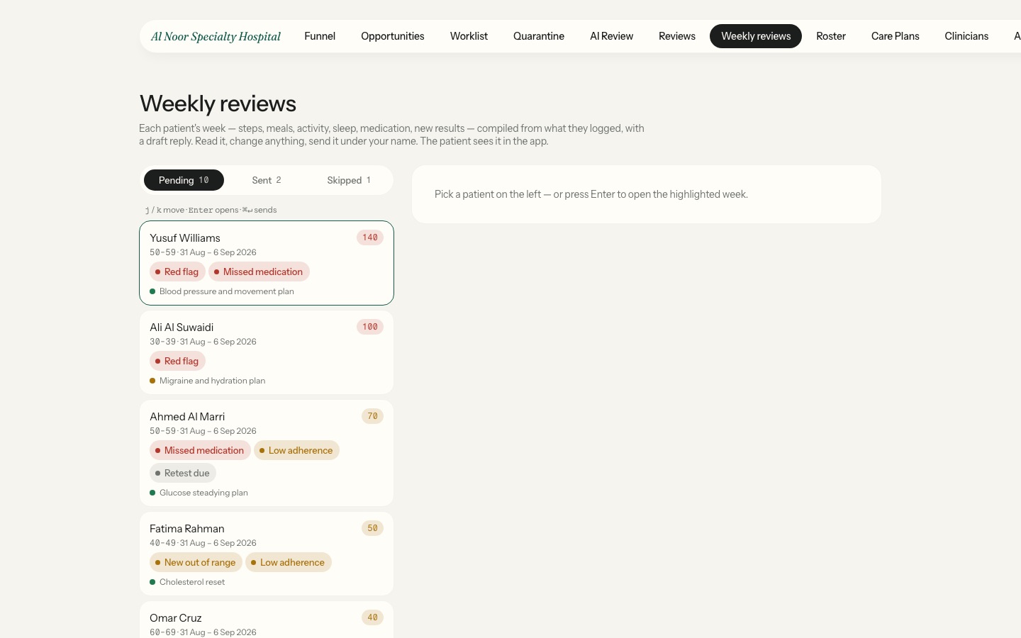 The weekly review queue in the hospital portal, with synthetic demo data.