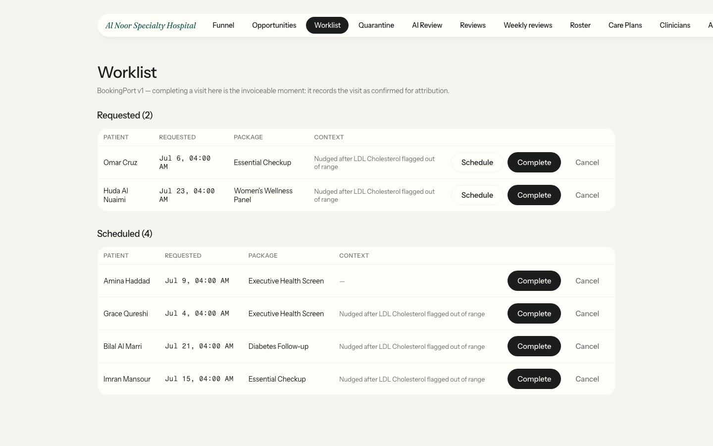 The clinician worklist in the hospital portal, with synthetic demo data.